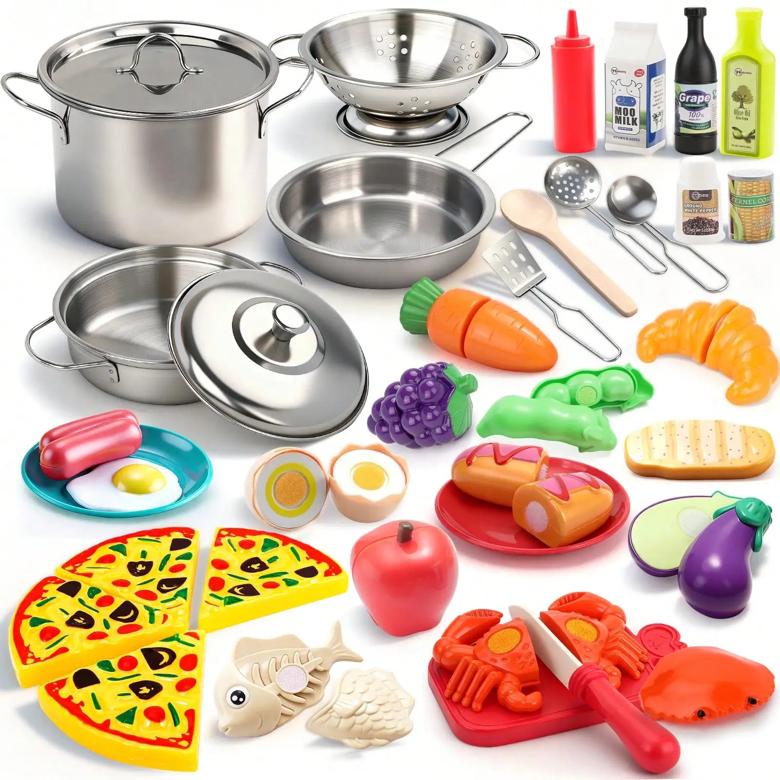 52-Piece Toddler Pretend Kitchen Set — Realistic Stainless Steel Cookware & Play Food