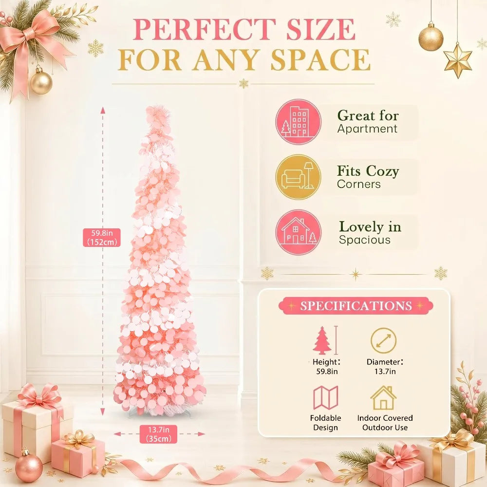 HATISAN 5ft Pencil Christmas Tree — Collapsible Tinsel Pop Up Decor