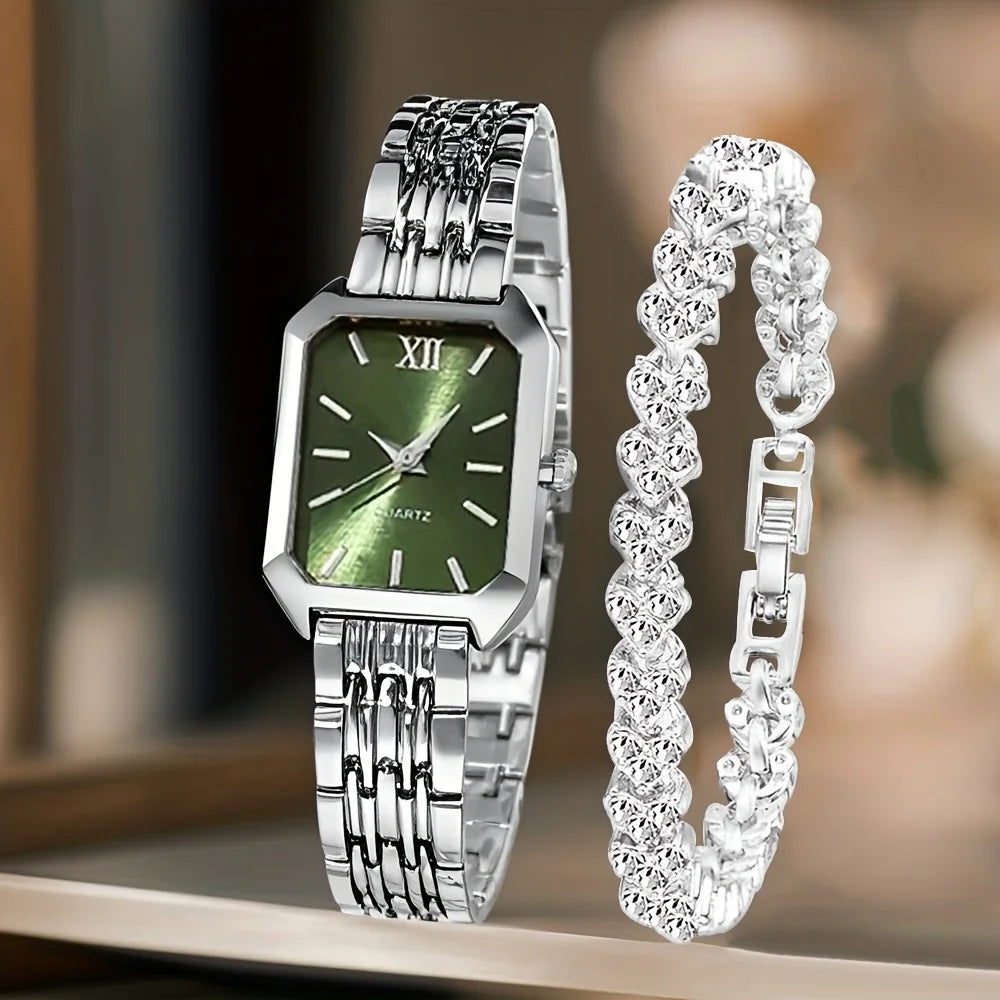 Women's Quartz Watch and Rhinestone Bracelet Set — Elegant Roman Dial Jewelry