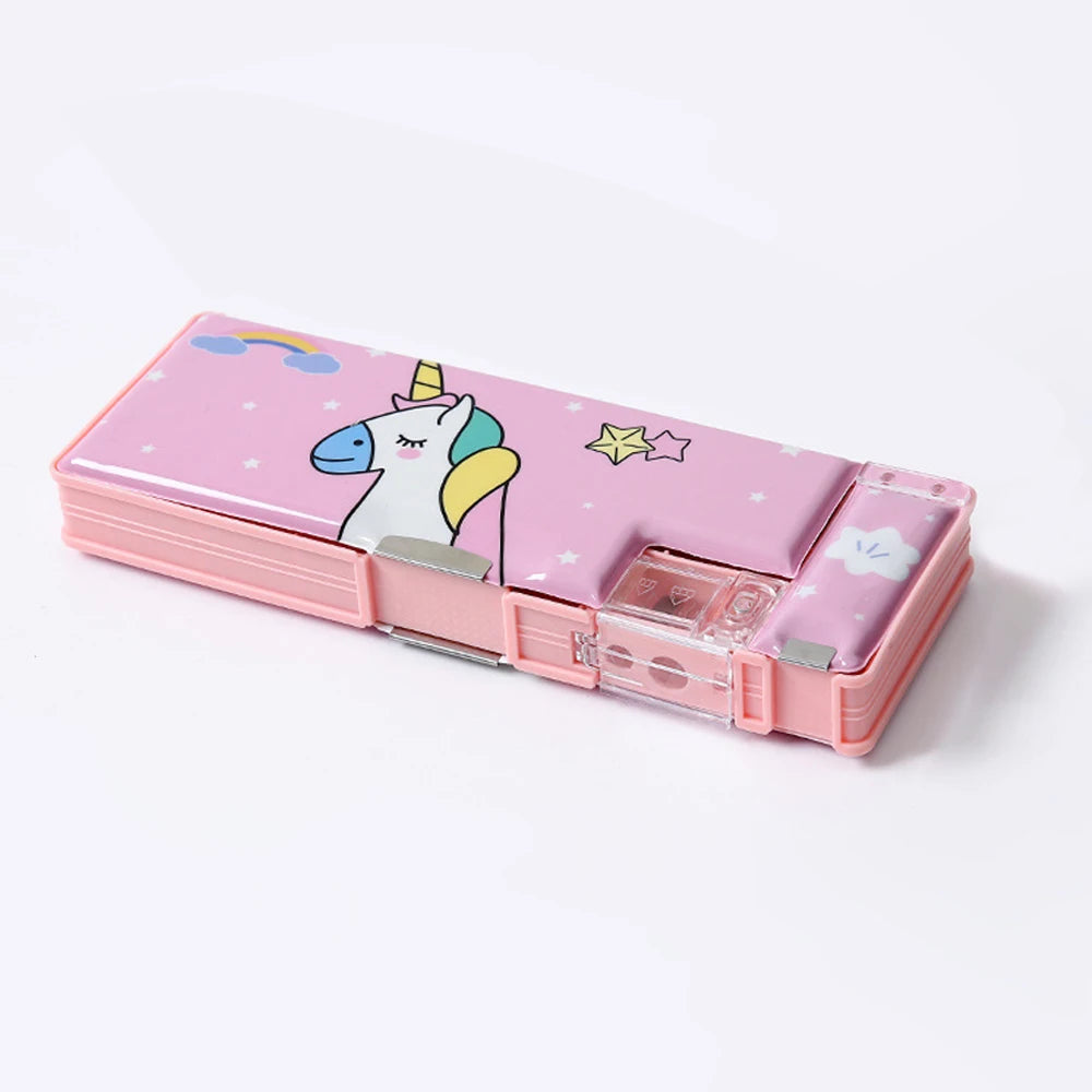 Cartoon Double-Sided Pencil Case — Automatic Stationery Box with Sharpener