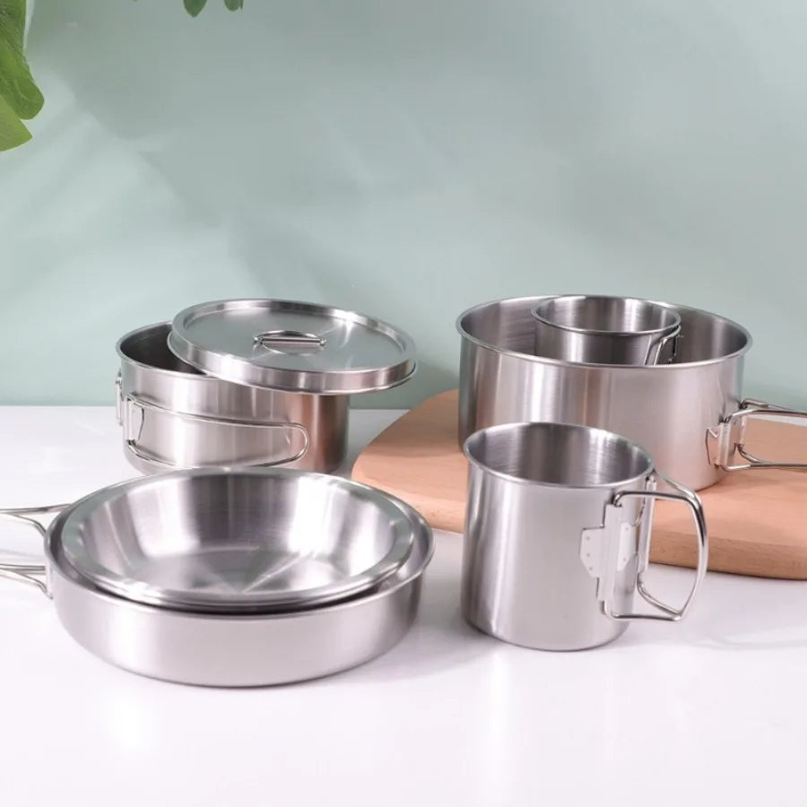 8-Piece Stainless Steel Camping Cookware Set — Portable Foldable Pot & Kettle