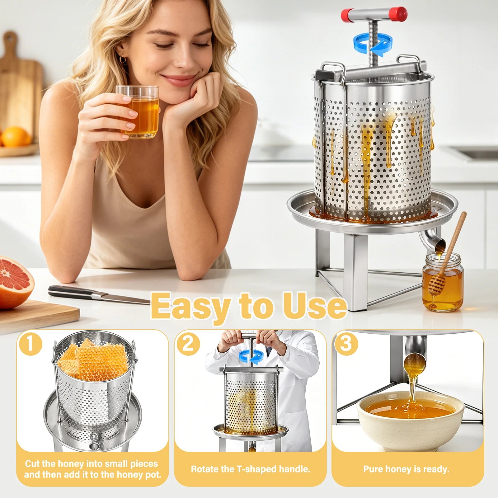 Manual Honey Extractor — Stainless Steel Beeswax Separator & Juice Press