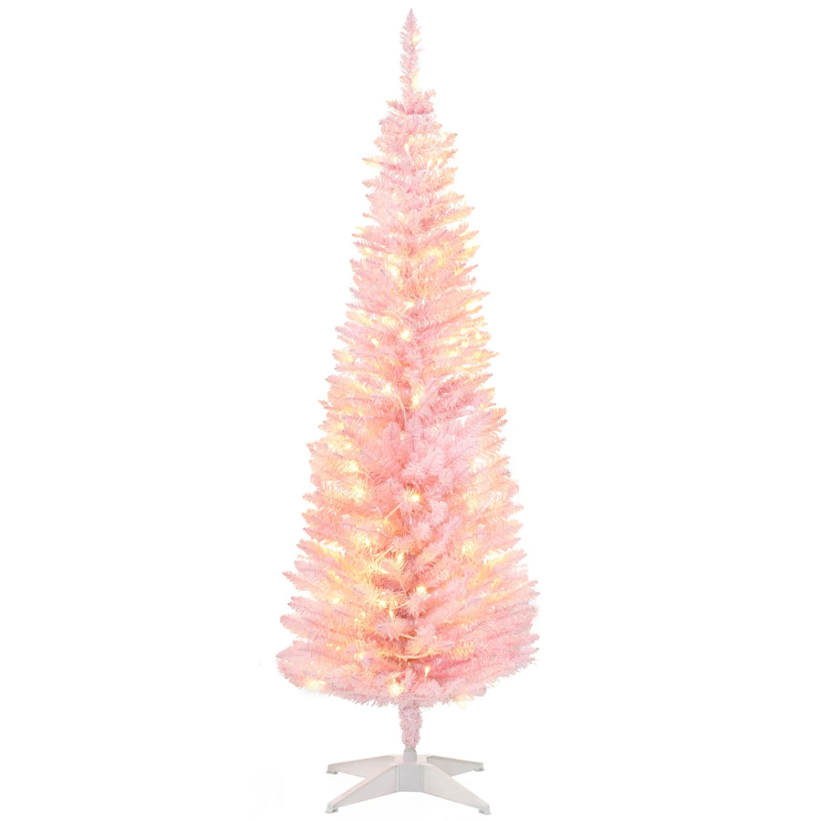 HOMCOM 5' Pink Artificial Christmas Tree — Prelit with Warm White LED Lights