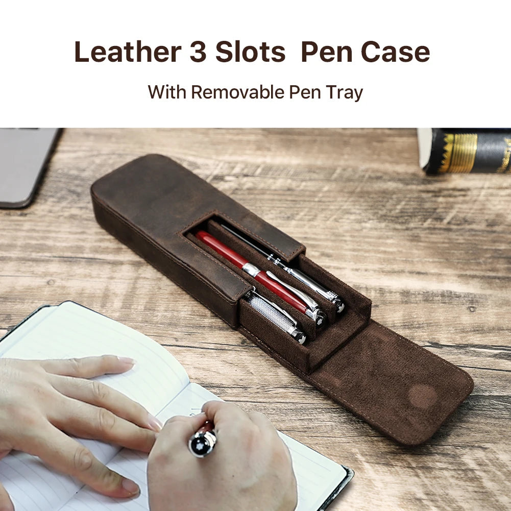 CONTACTS FAMILY Genuine Leather Pen Case — Luxury 3-Slot Pencil Pouch