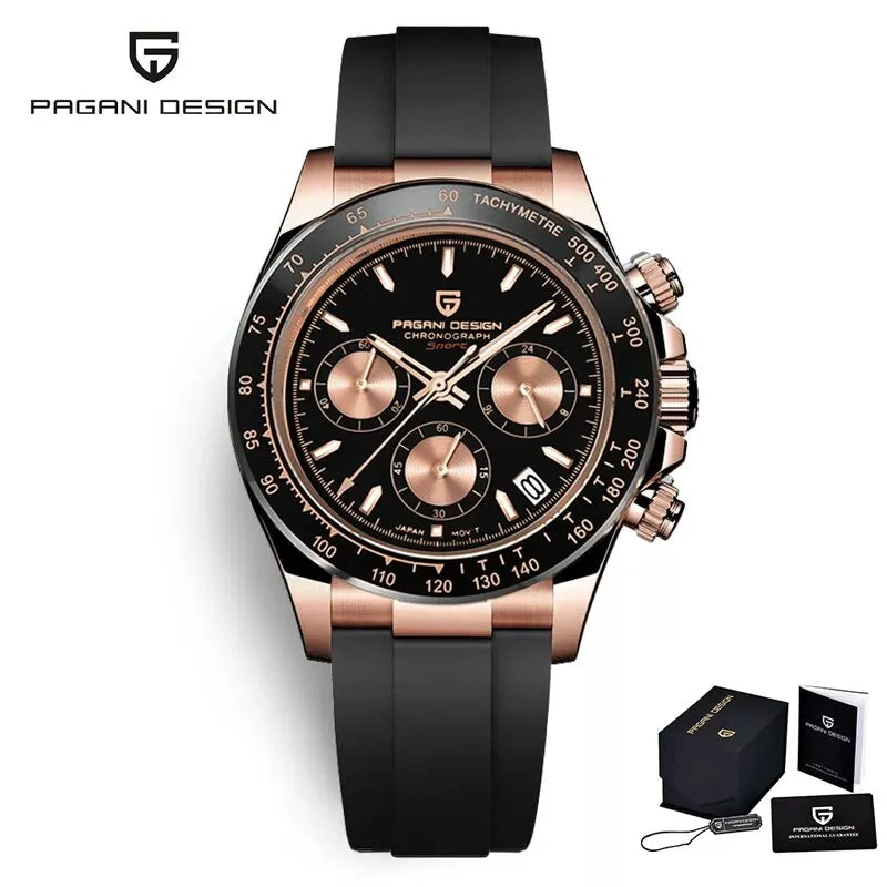 PAGANI DESIGN Luxury Chronograph Watch — Rose Gold Stainless Steel Sport Wristwatch