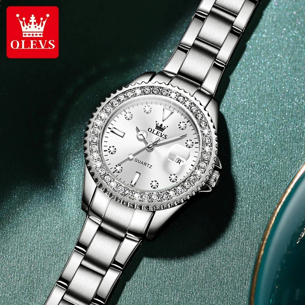 OLEVS Diamond Dial Quartz Watch — Elegant Stainless Steel Ladies Wristwatch