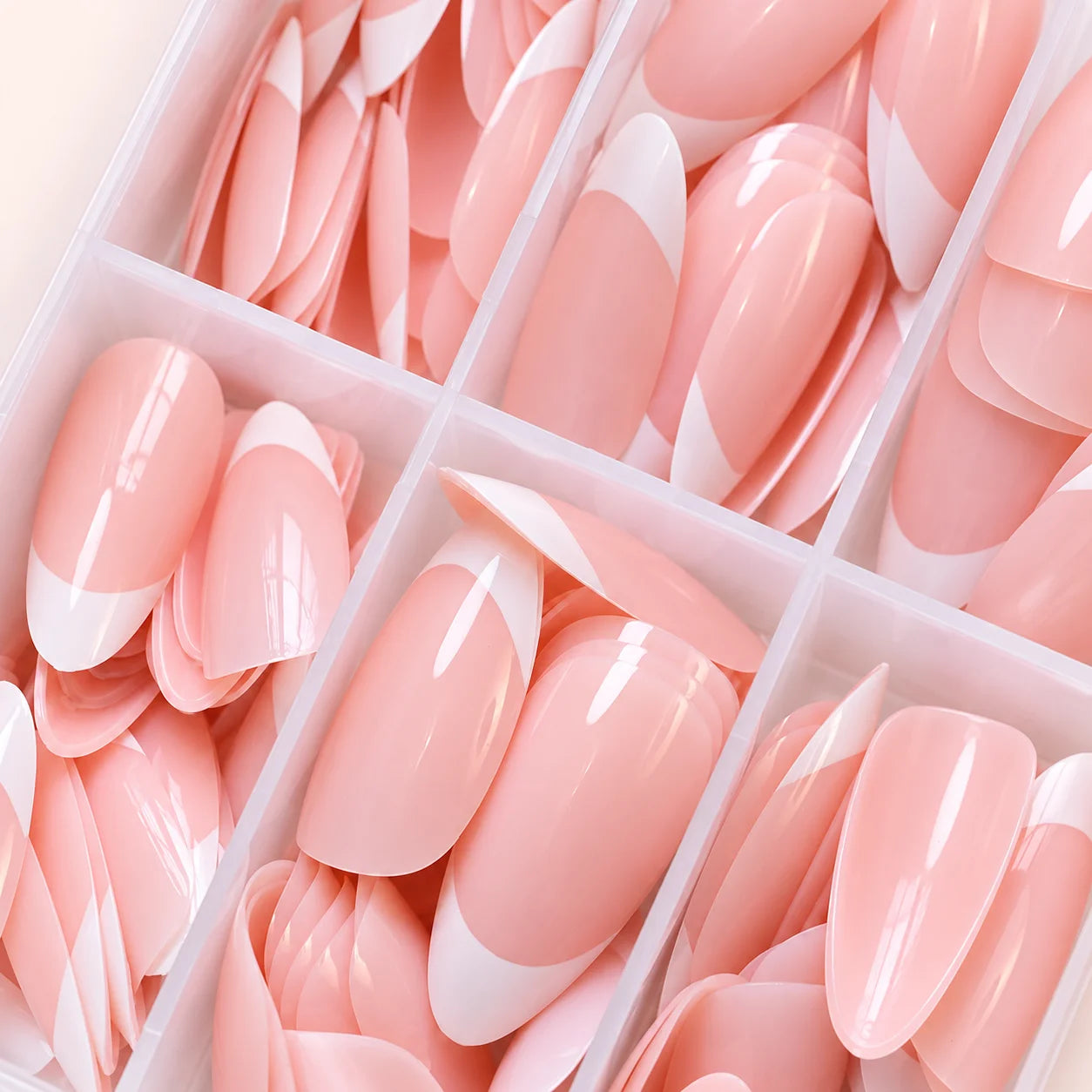 Almond French Tip Press On Nails — Elegant Nude and White Glossy Set