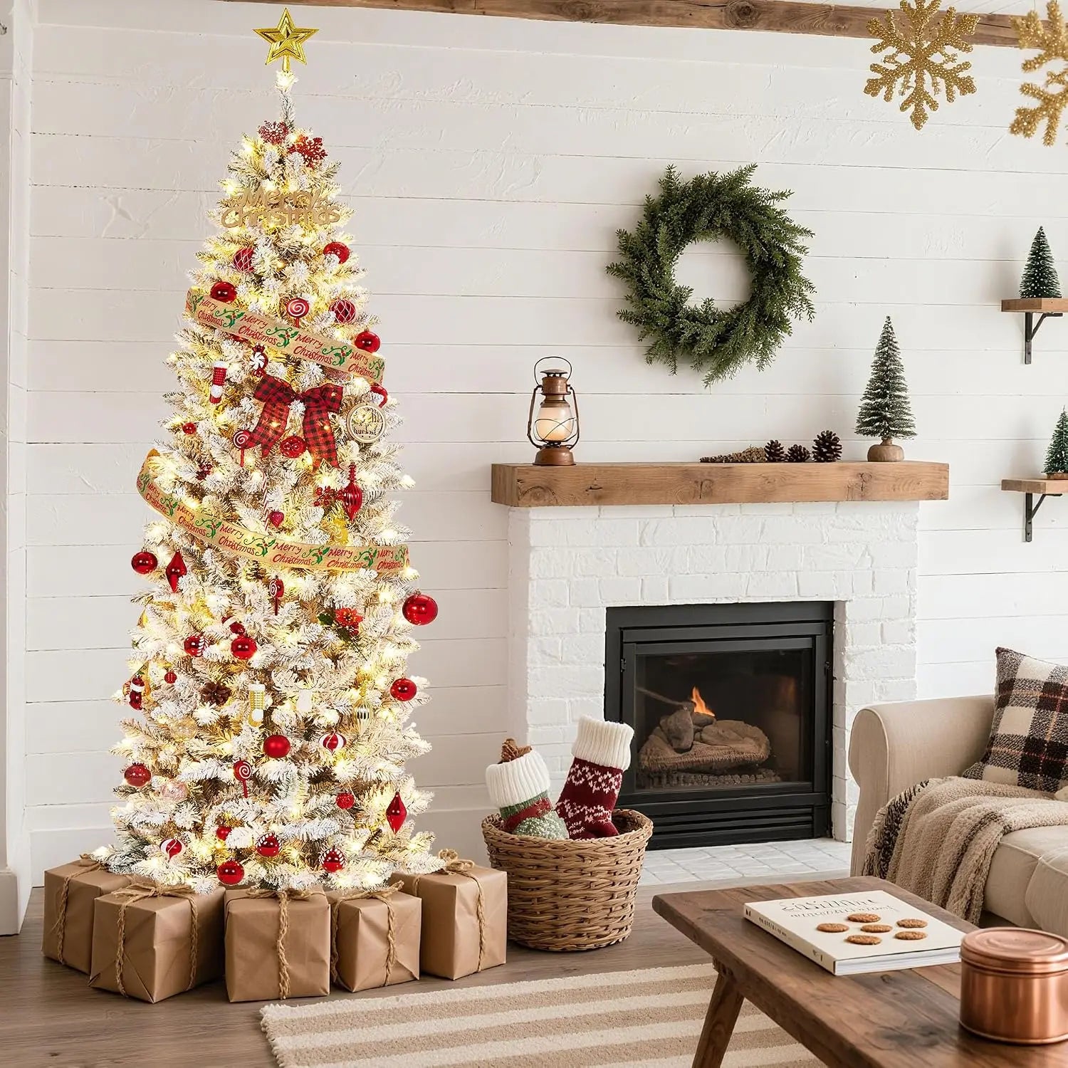 7.5 ft Pre-Lit Pencil Christmas Tree — Realistic Frosted Design with LED Lights