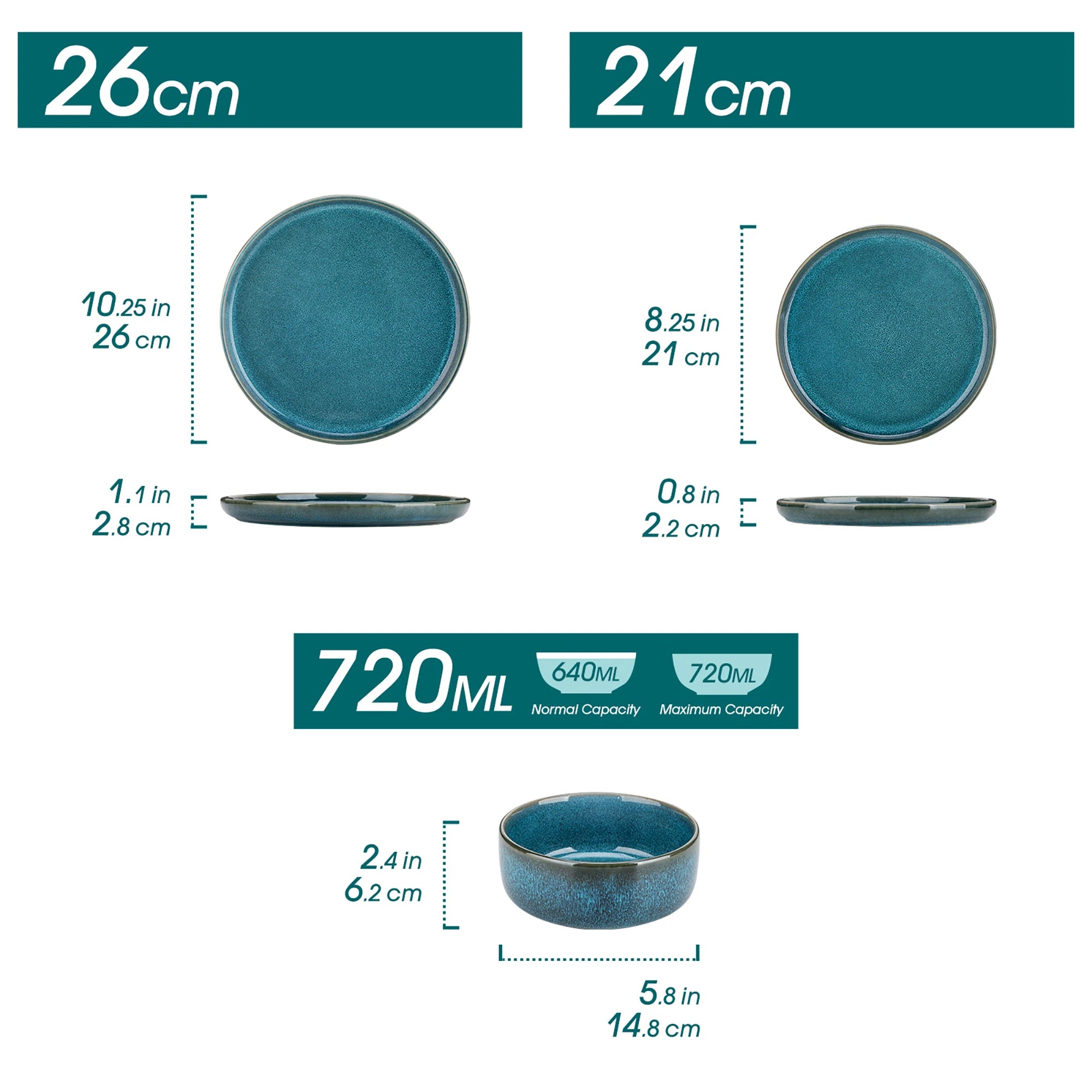 MALACASA Blue Ceramic Dinnerware Set — Reactive Glaze Vertical Edge Plates