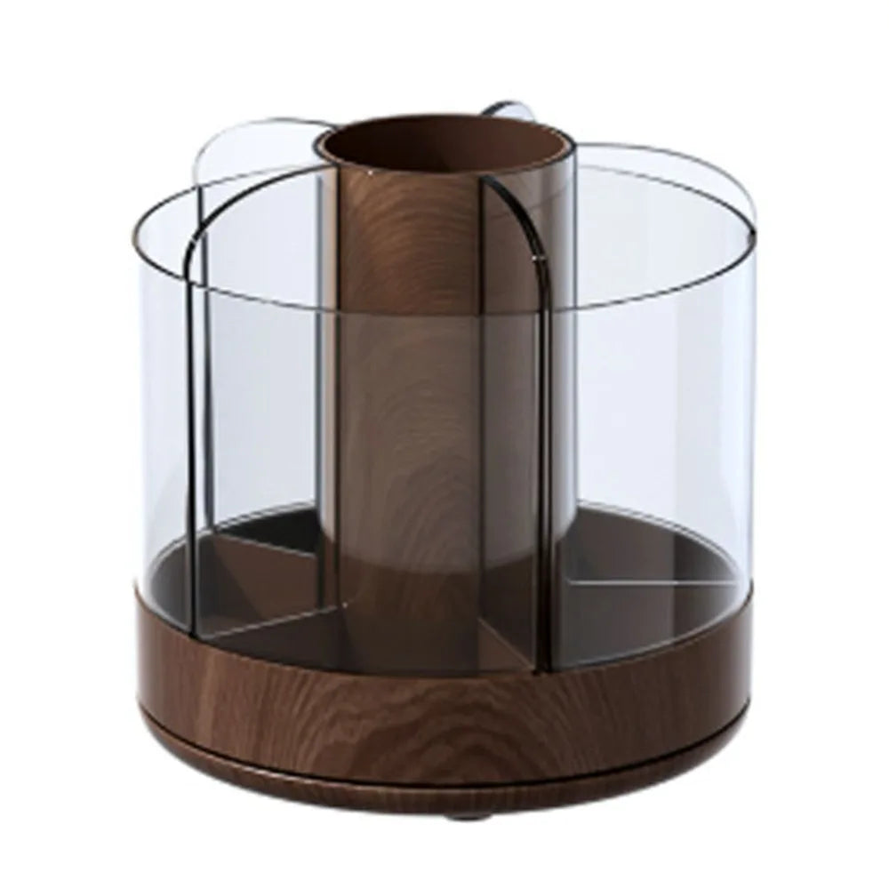 360 Rotating Makeup Organizer — Multi-Compartment Woodgrain Desktop Storage