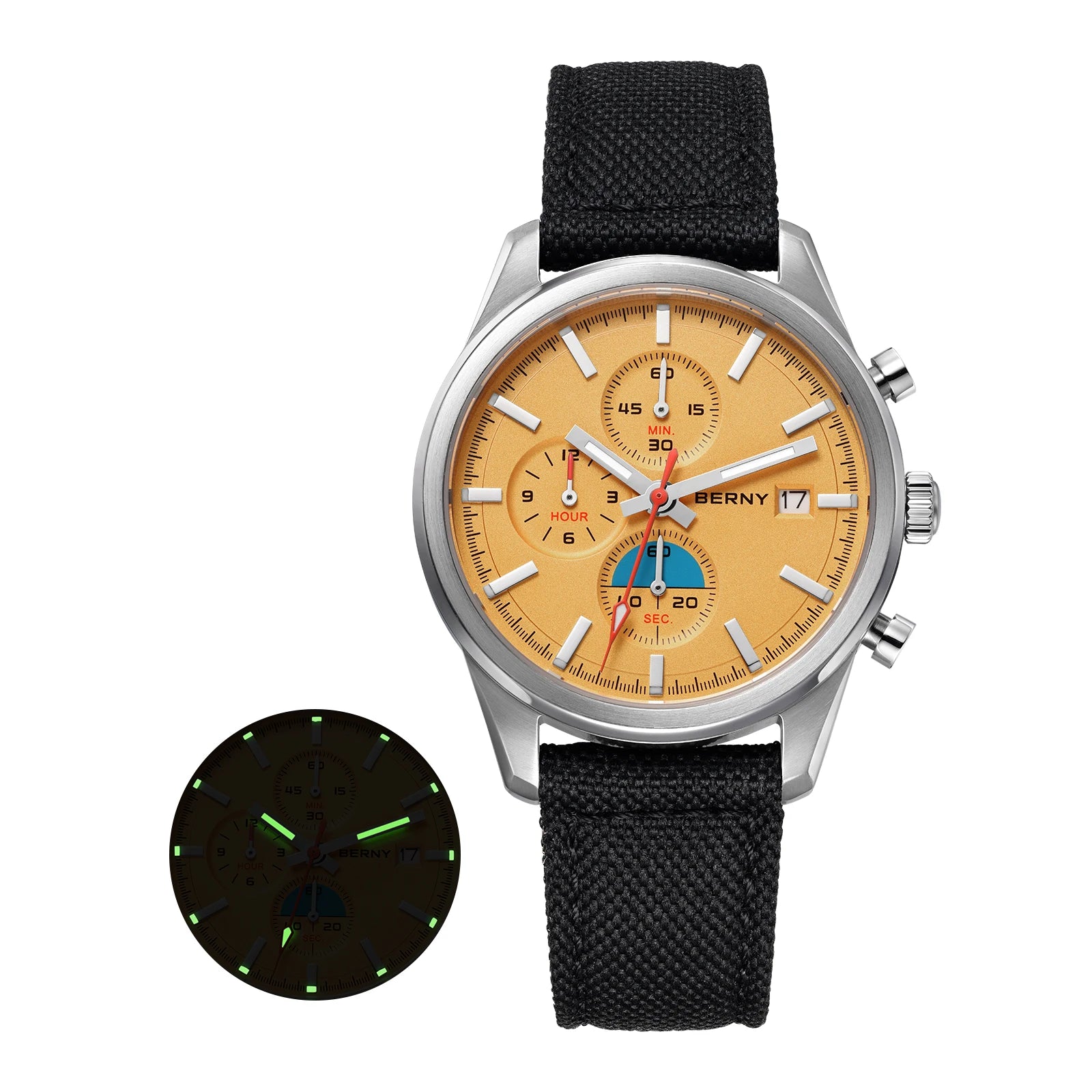 BERNY Chronograph Quartz Men's Watch — Luminous Sport Design with Sapphire Crystal