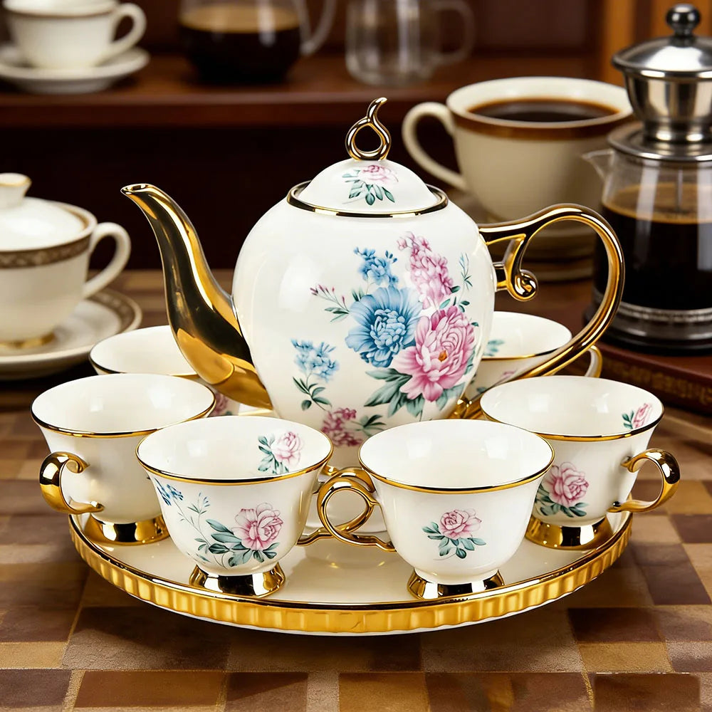 Vintage Floral Porcelain Tea Set — 8-Piece Ceramic Set with Gold Trim