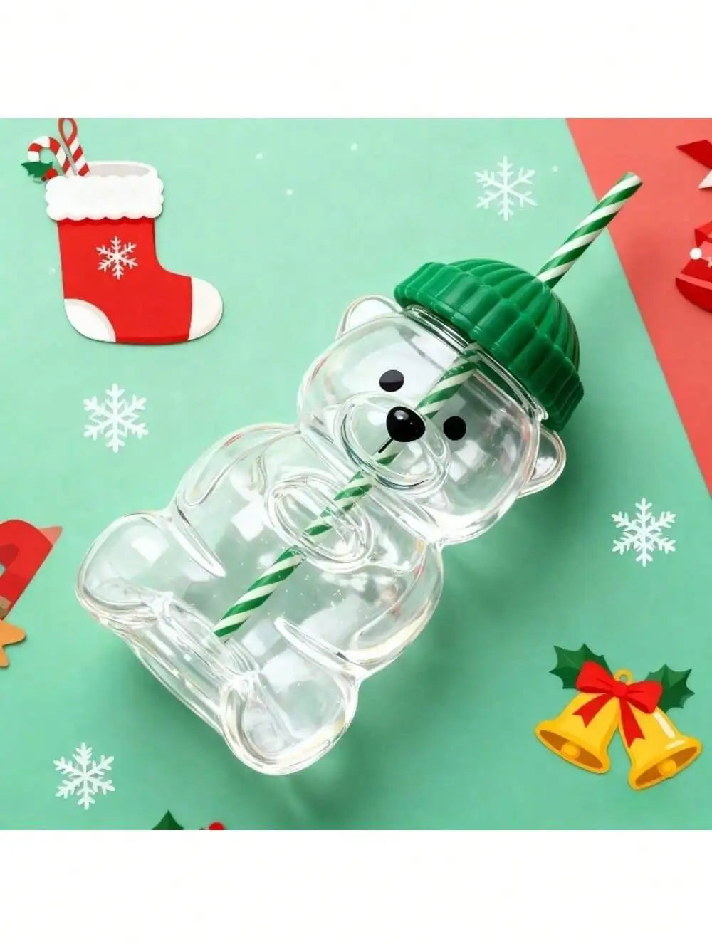 Cute Bear Shaped Glass Cup — 20oz Drinking Bottle with Straw and Lid
