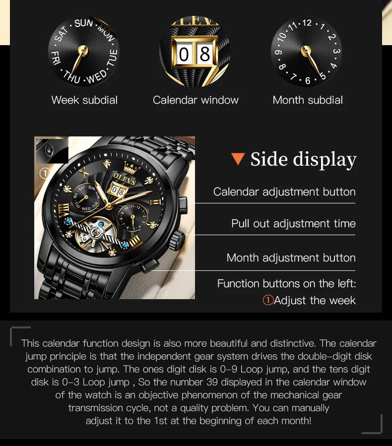 OLEVS Classic Men's Automatic Watch — Luxury Skeleton Tourbillon Design
