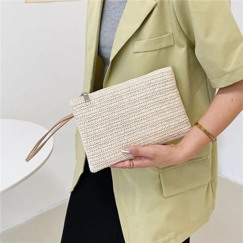 Woven Straw Wristlet Clutch — Bohemian Beach Wallet & Phone Pouch