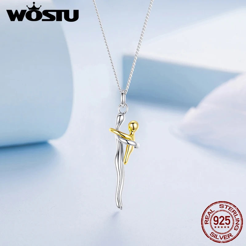 WOSTU Sterling Silver Hug Embrace Pendant — Two-Tone Matching Family Necklaces