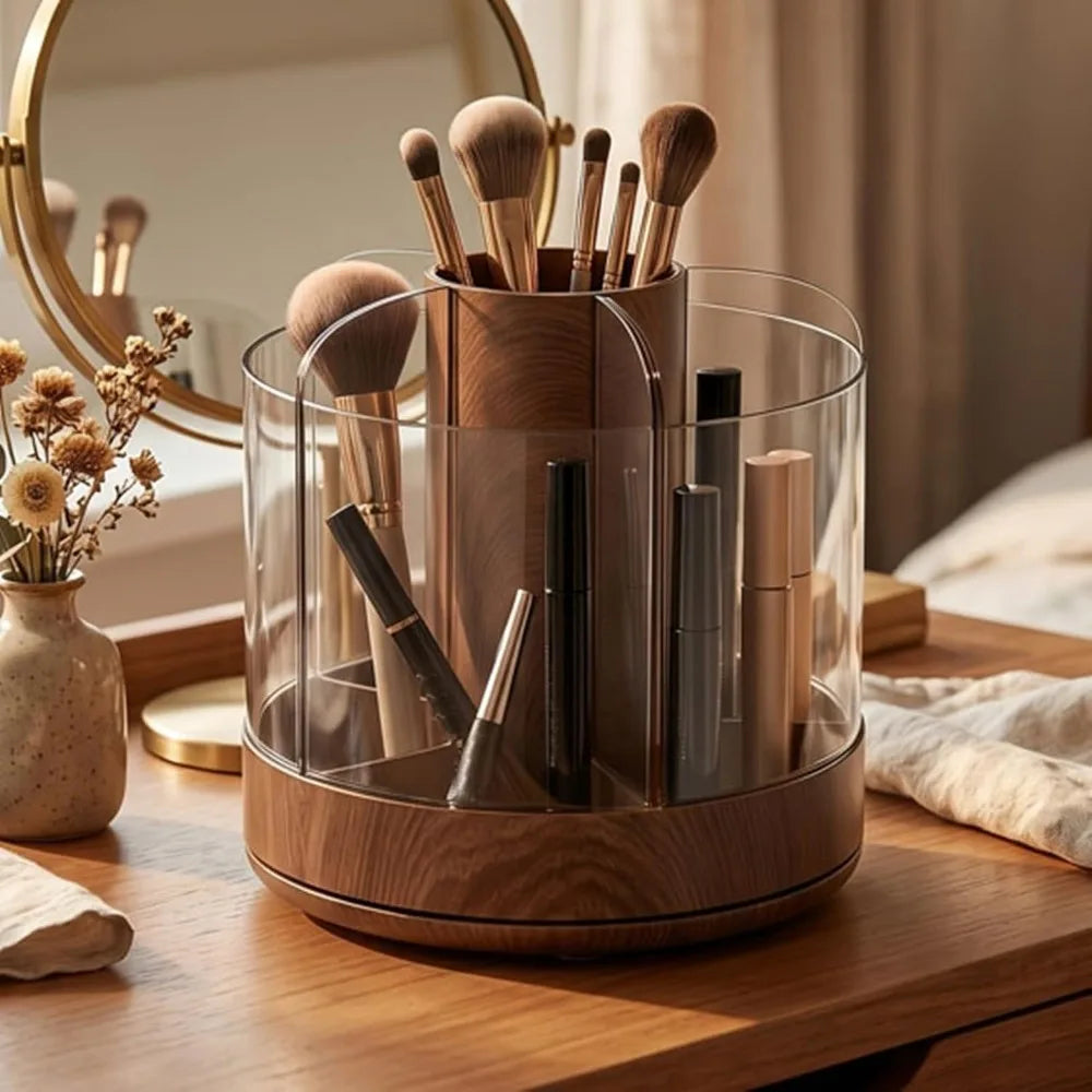 360 Rotating Makeup Organizer — Multi-Compartment Woodgrain Desktop Storage