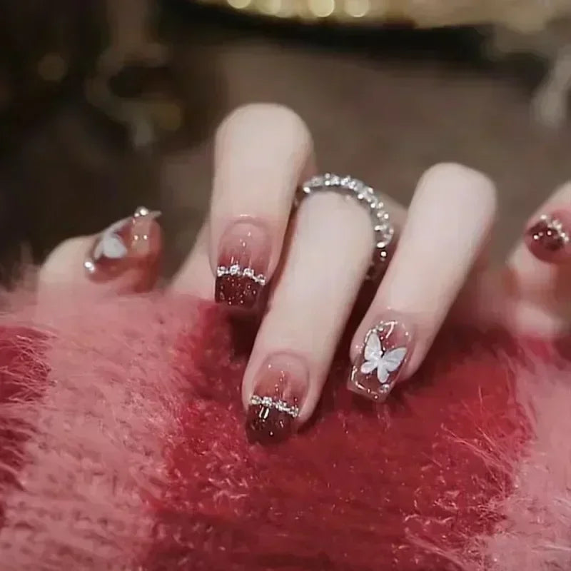 Qsezeny French Tip Press On Nails — Short Coffin Style Frosted Fake Nails