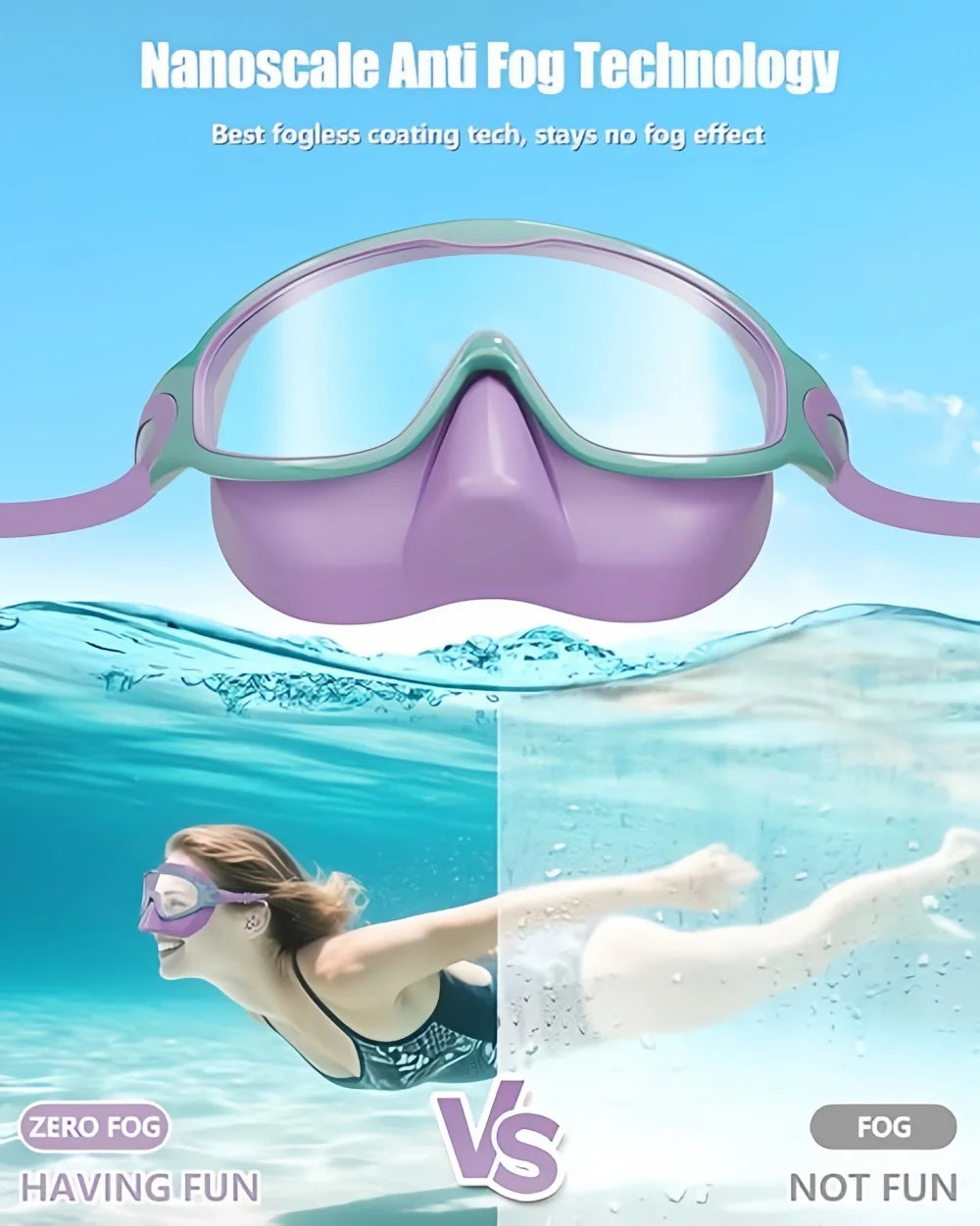 Wide View Swimming Mask — Anti-Fog Goggles with Nose Cover