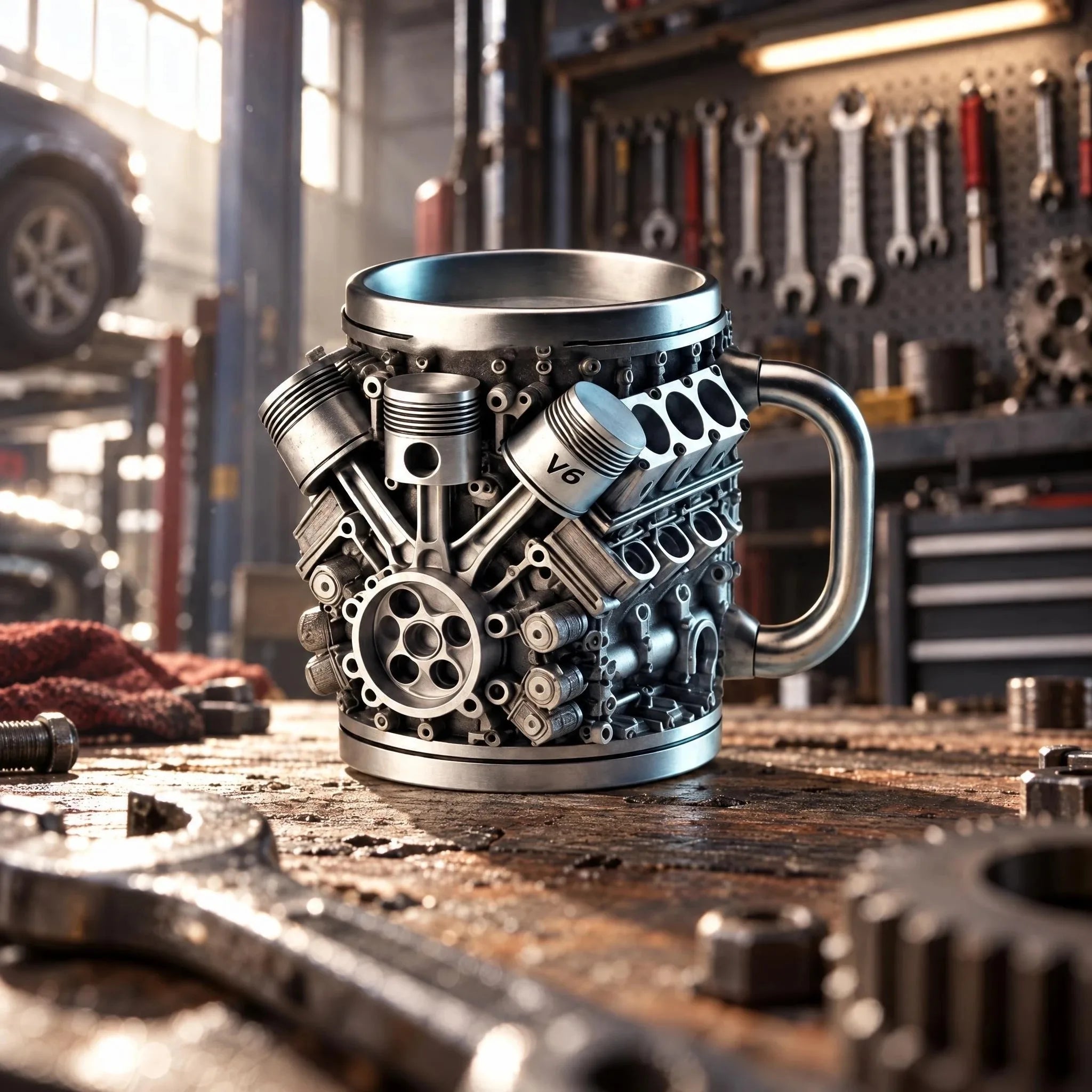 V6 Engine Stainless Steel Coffee Mug — 3D Mechanical Car Design