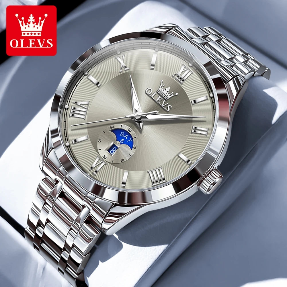 OLEVS 3638 Luxury Men's Quartz Watch — Stainless Steel with Day Date Display