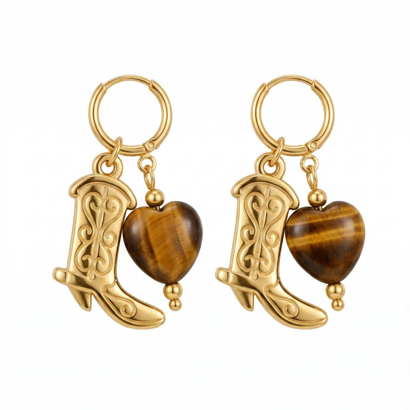 Obega Cowboy Boot & Tiger Eye Heart Earrings — Boho Western Dangle Huggies