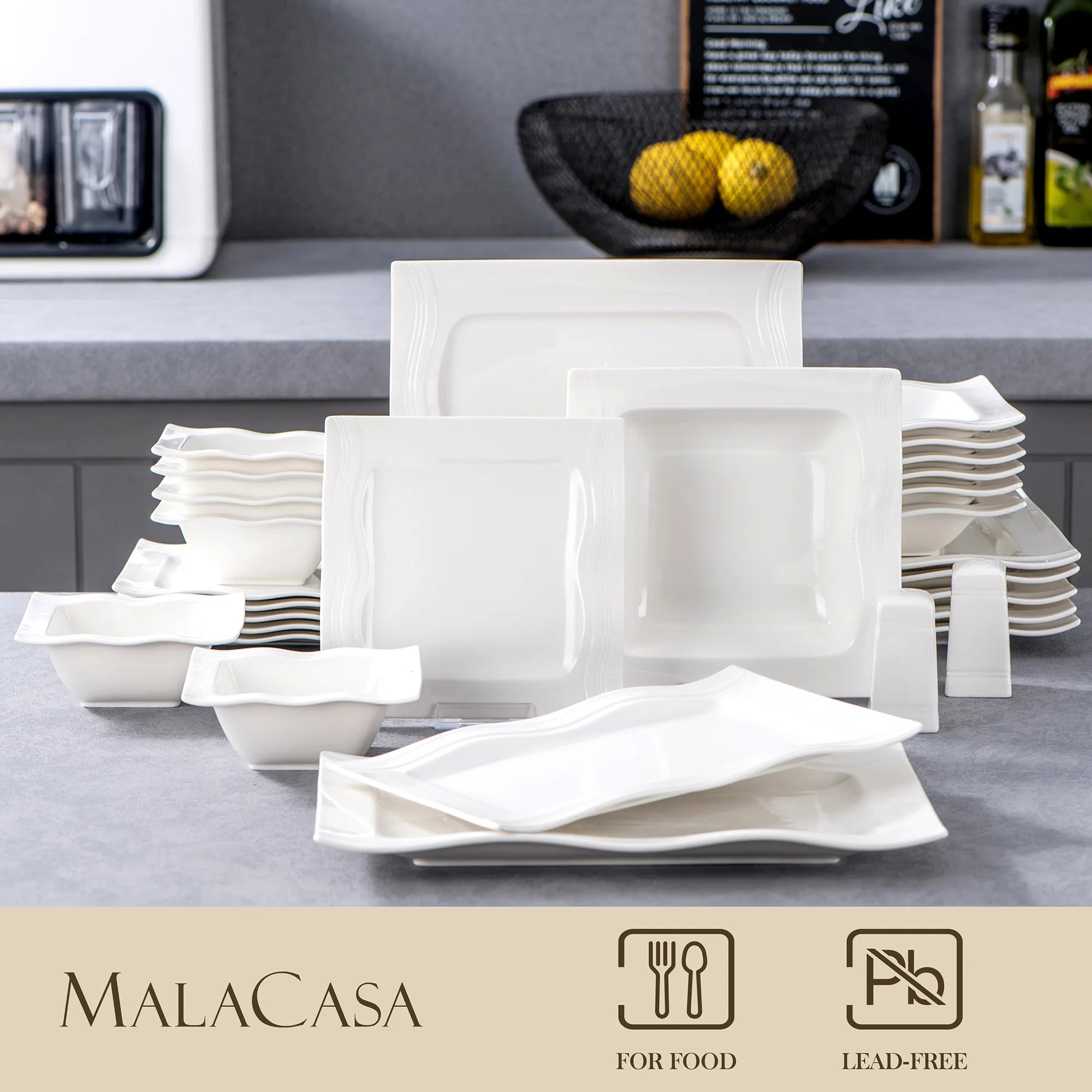 MALACASA 28-Piece Square Porcelain Dinnerware Set — Elegant White Ceramic Tableware