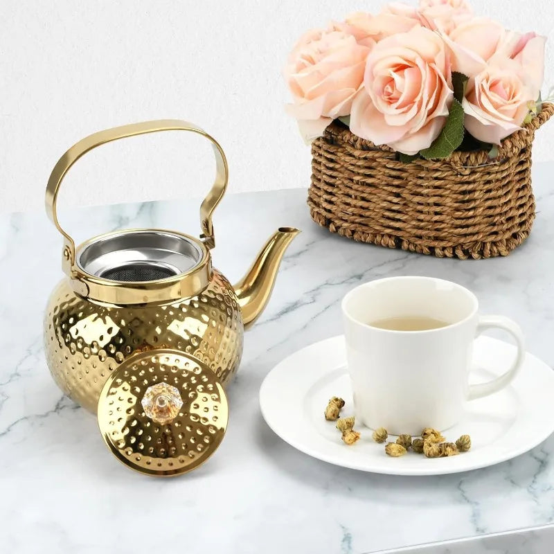 Hammered Stainless Steel Tea Kettle — Vintage Style Pot with Strainer