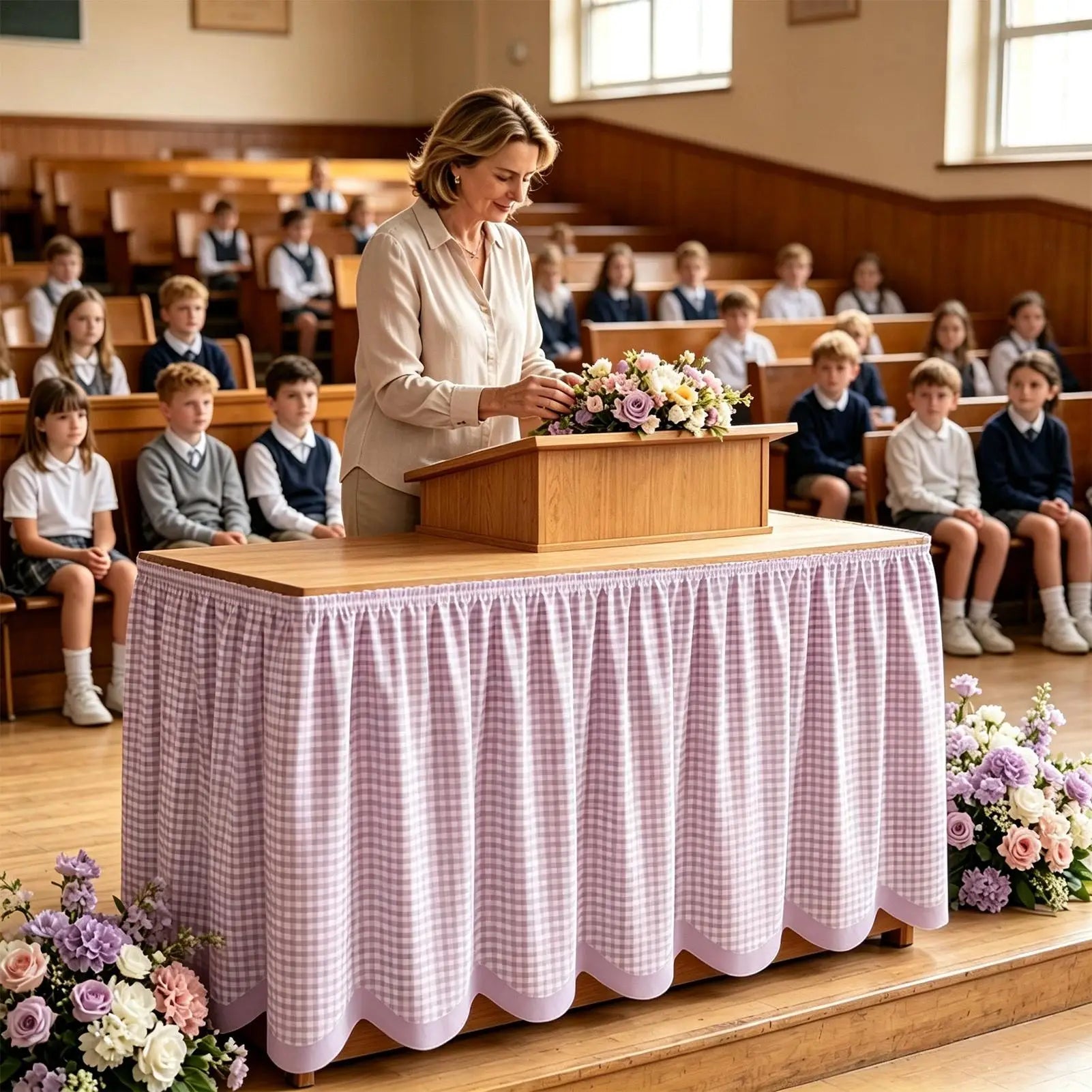 Ruffled Checkered Desk Skirt — Classroom Tablecloth Decor for Teachers
