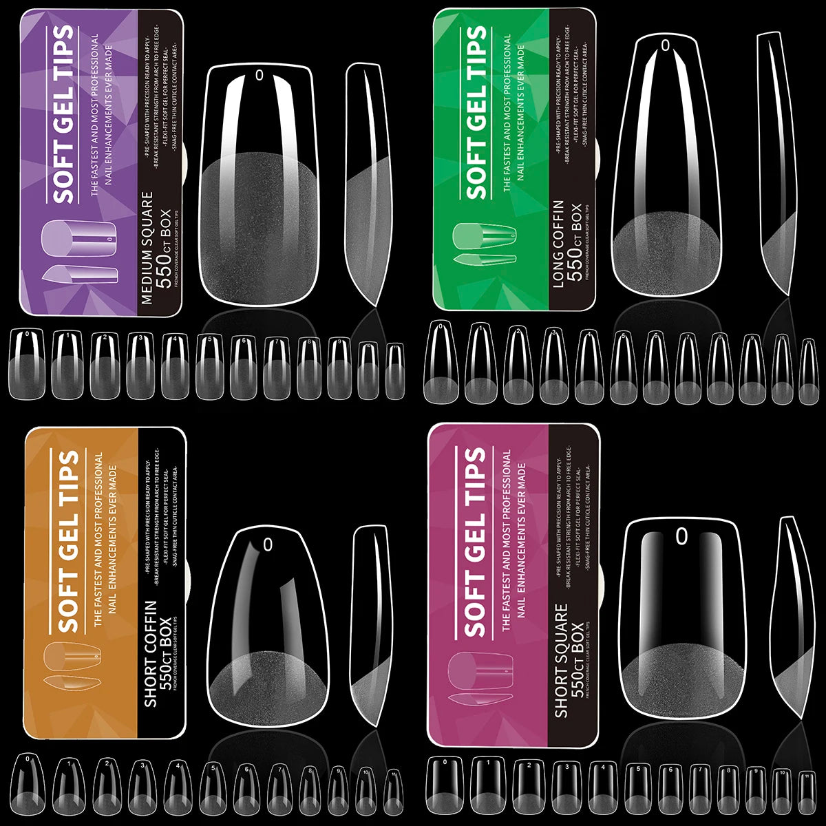 Soft Gel Nail Tips — Full Cover False Nail Extensions, 550 Pieces