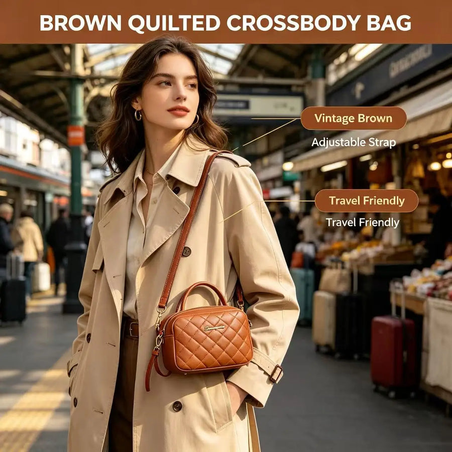 Women's Quilted Square Handbag — Elegant PU Leather Crossbody Purse