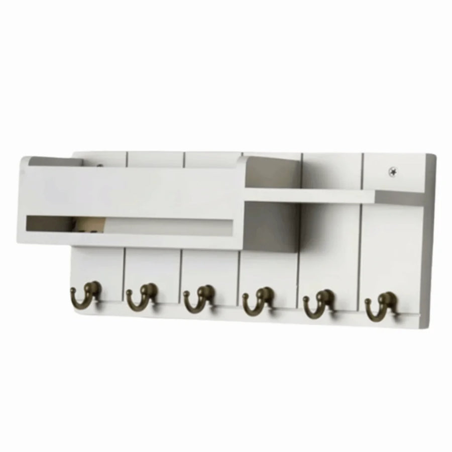 Wooden Wall Mount Key Holder — 6 Hook Organizer with Mail Sorter & Shelf