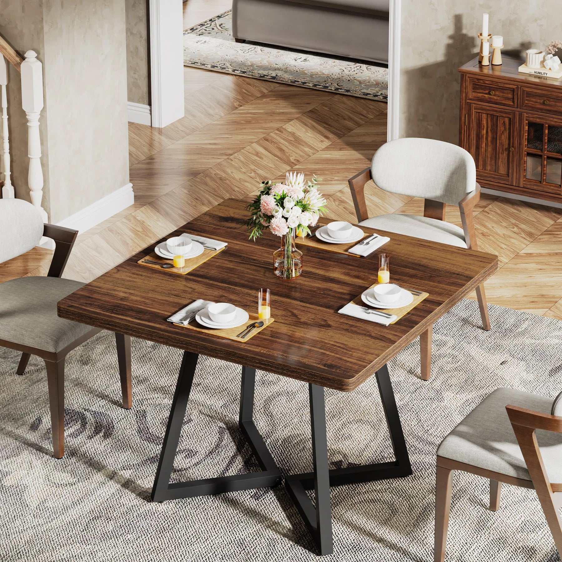Tribesigns Square Dining Table — Industrial Wood & Metal Kitchen Table