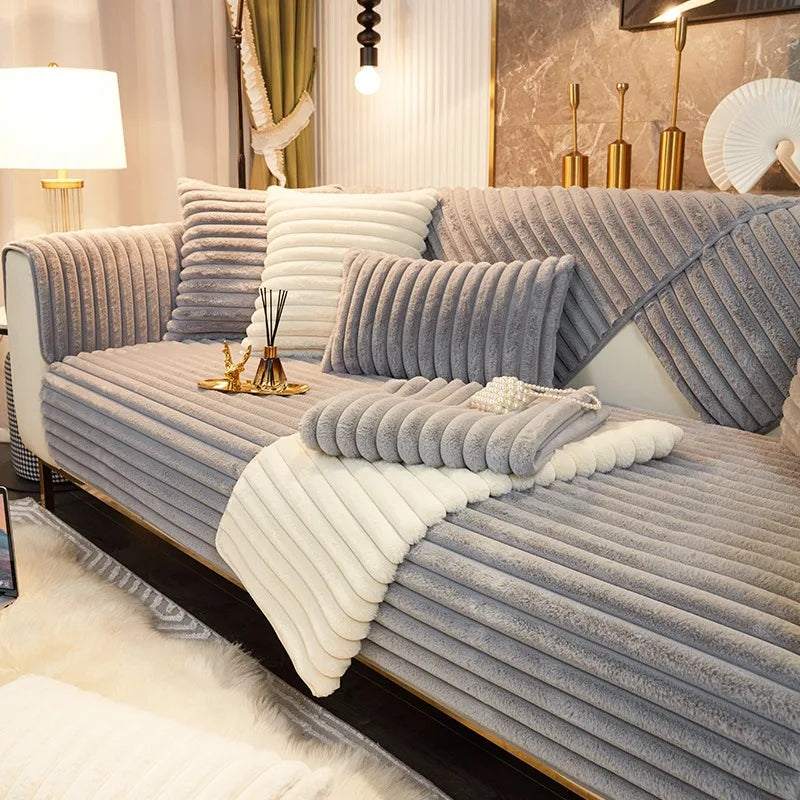 Plush Striped Sofa Cover — Soft Imitation Rabbit Fur Slipcover