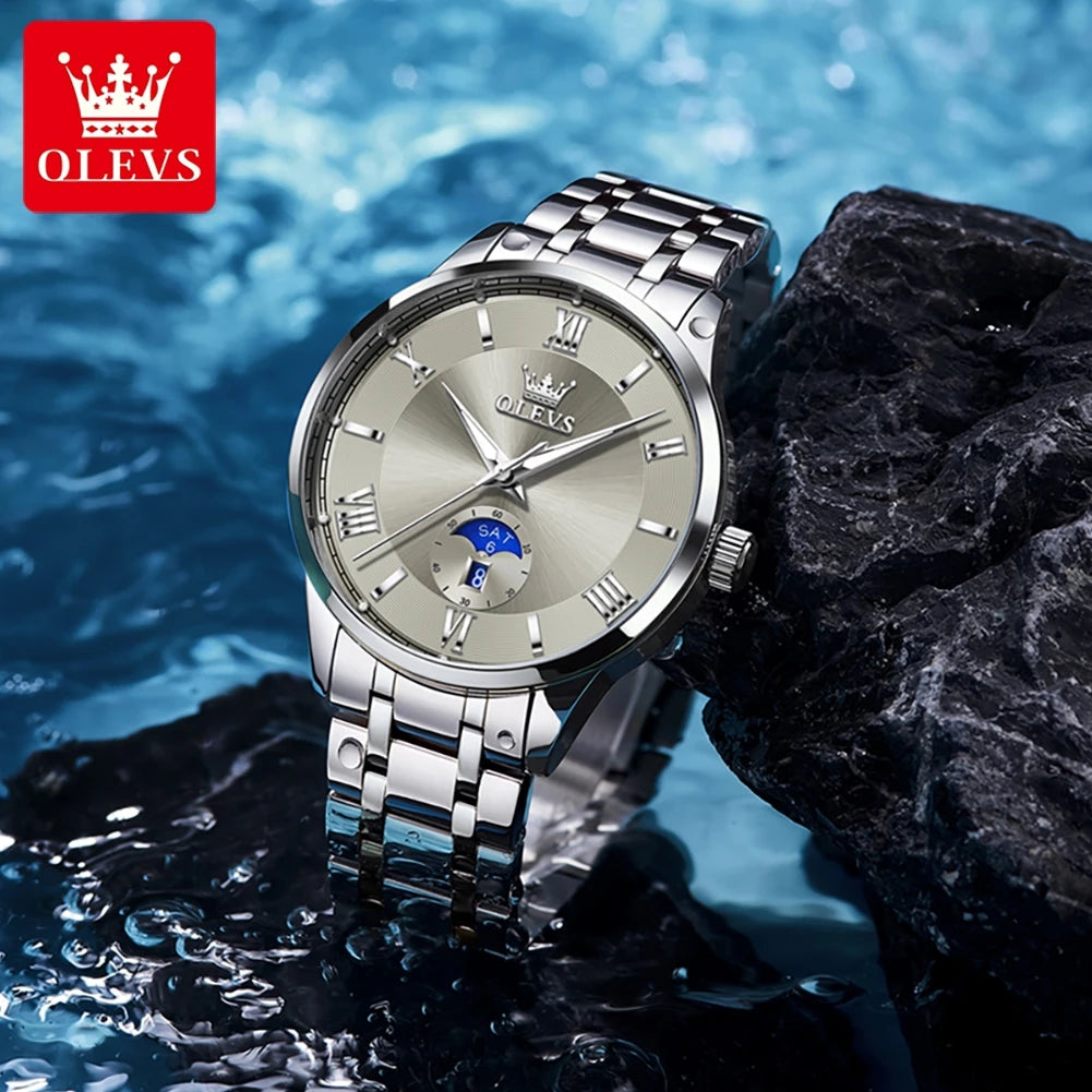 OLEVS 3638 Luxury Men's Quartz Watch — Stainless Steel with Day Date Display