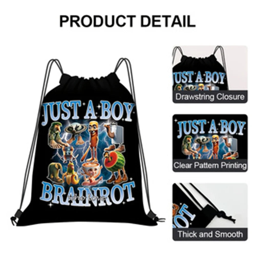 Cartoon Print Drawstring Bag — Waterproof Polyester Backpack for Sports & School