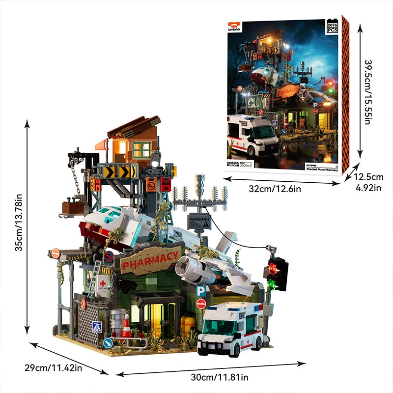 Wrecked Plane Pharmacy Building Blocks Set — 2076PCS DIY City Street Model