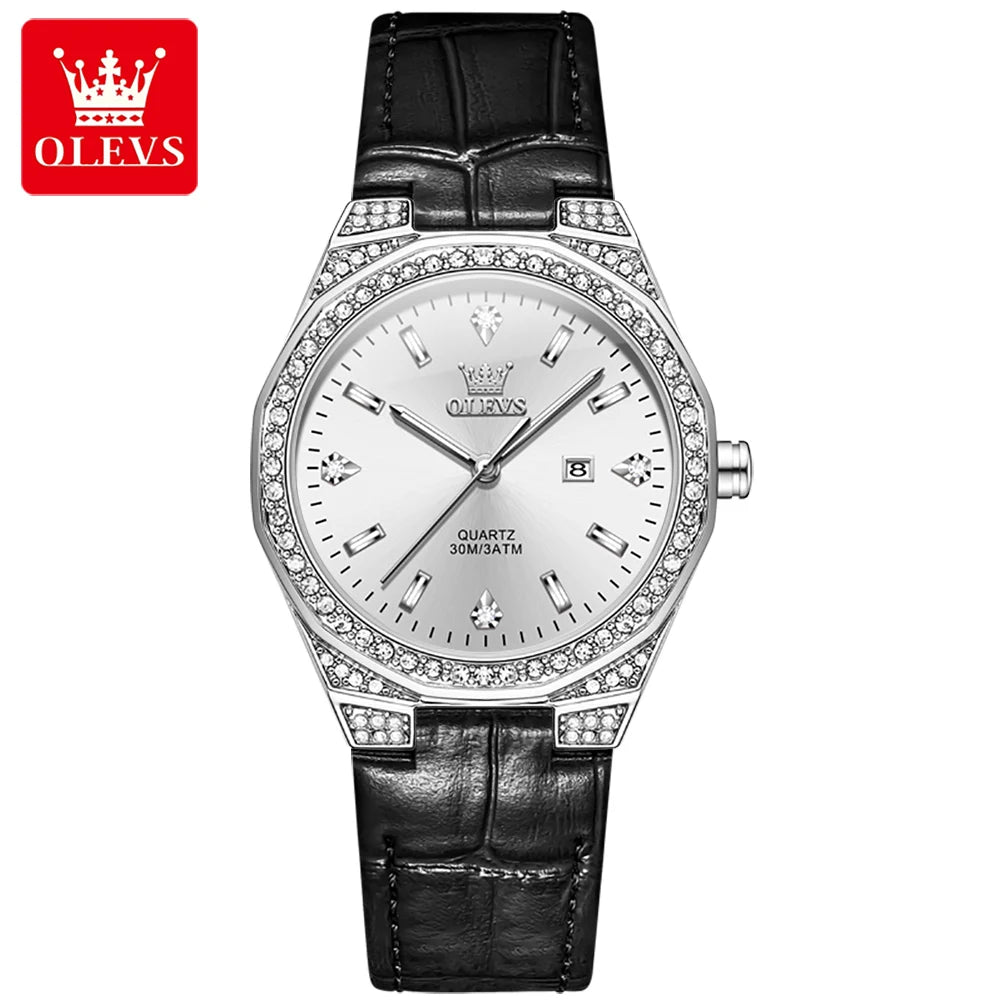 OLEVS Women's Luxury Quartz Watch — Diamond Lap Fashion Leather Strap