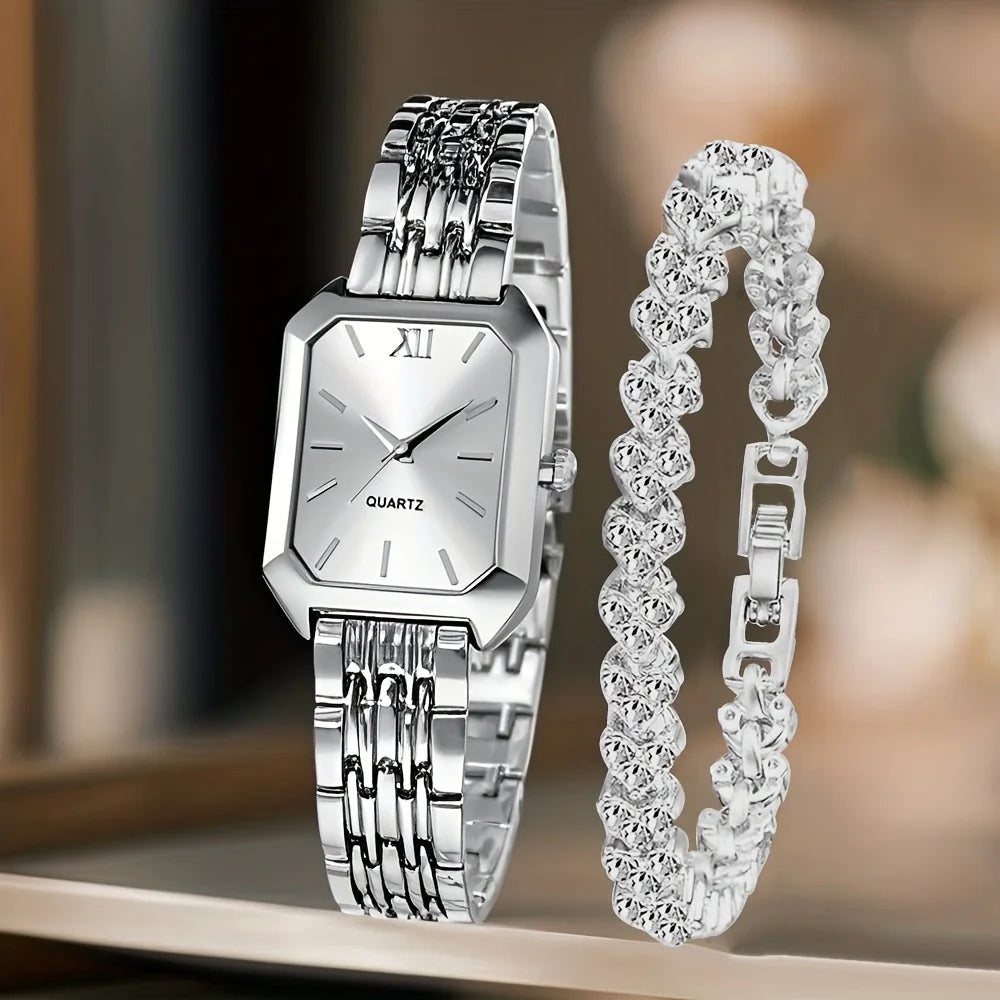 Women's Quartz Watch and Rhinestone Bracelet Set — Elegant Roman Dial Jewelry Kit