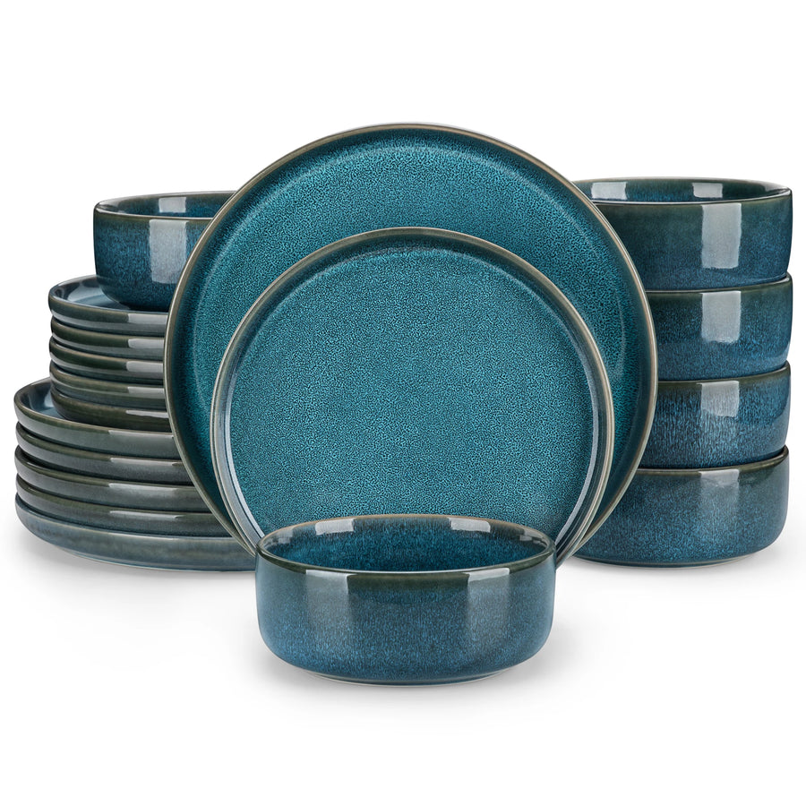 MALACASA Blue Ceramic Dinnerware Set — Reactive Glaze Vertical Edge Plates