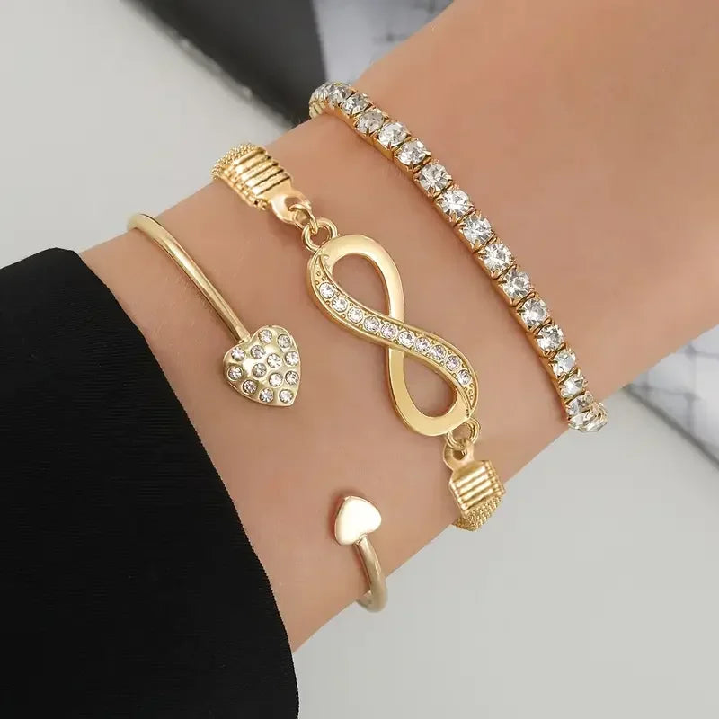 Vintage Crystal Rhinestone Heart Bracelet Set — Adjustable Geometric Bangle Jewelry