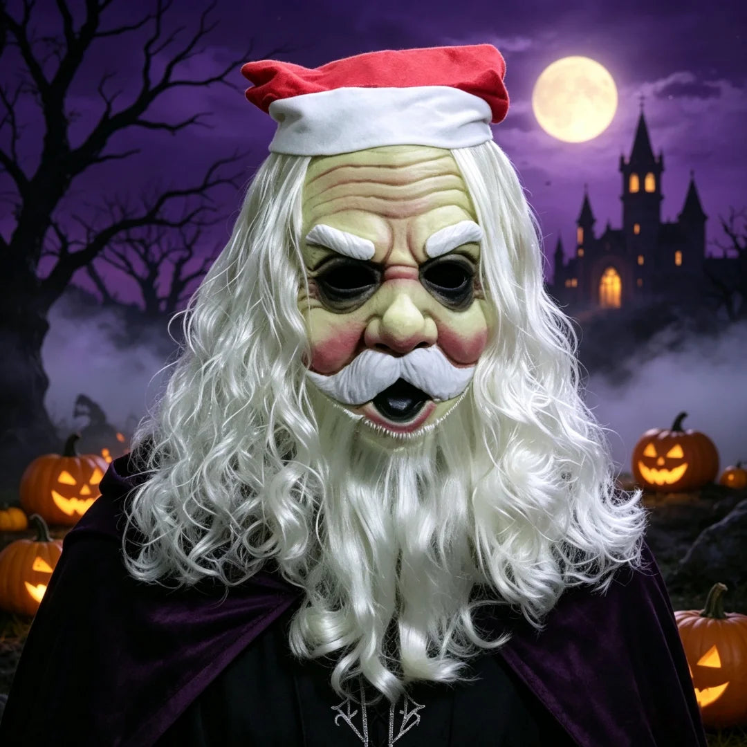 Santa Claus Style Full Head Mask — Includes Hat, Wig & Beard for Cosplay