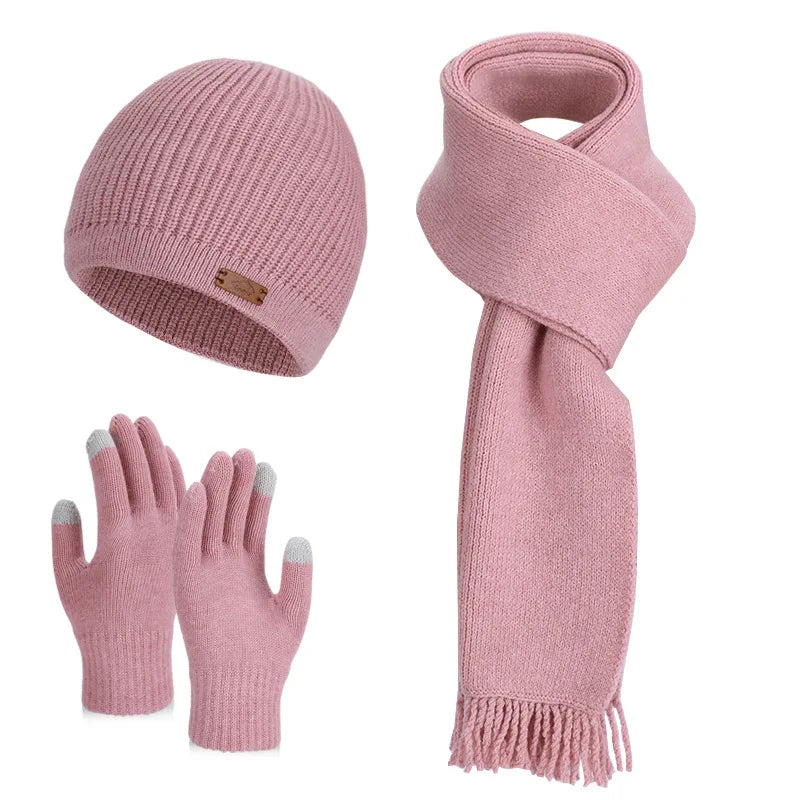 KINIJA Women's Winter Knit Set — Warm Plush Hat, Scarf & Gloves