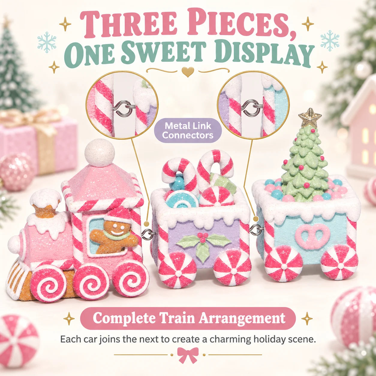 Hodao Gingerbread Christmas Train Set — 3-Piece Sweet-Themed Resin Figurine