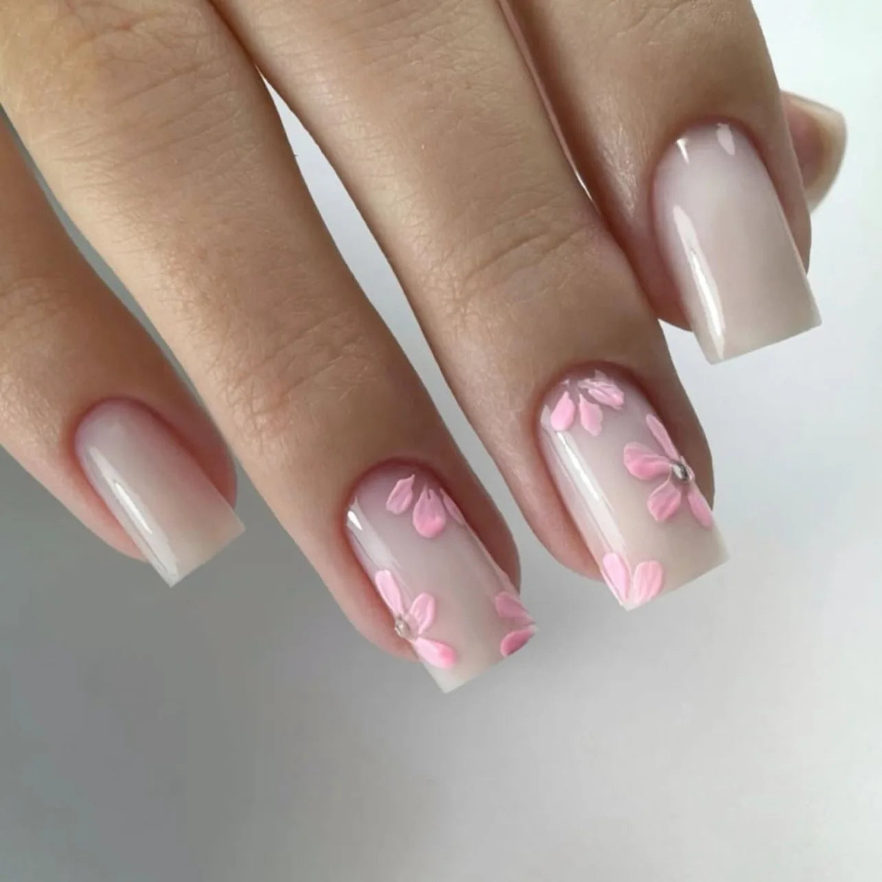 Pink Floral Press-On Nails — Short Almond French Tip Fake Nail Set