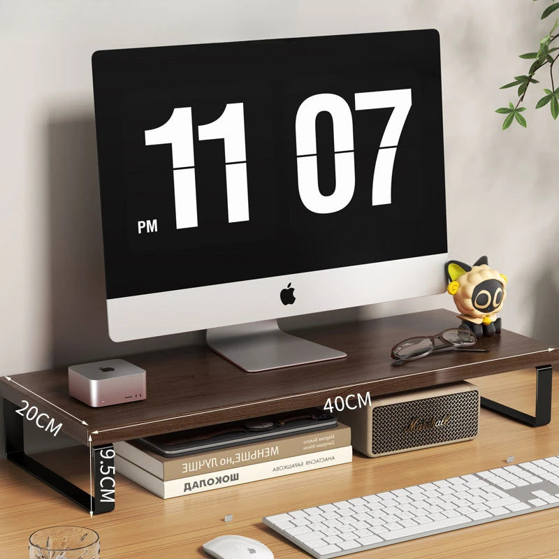 Wooden Monitor Stand Riser — Desktop Organizer with Storage Rack