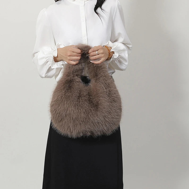 Faux Fur Hobo Shoulder Bag — Soft Plush Handbag for Women