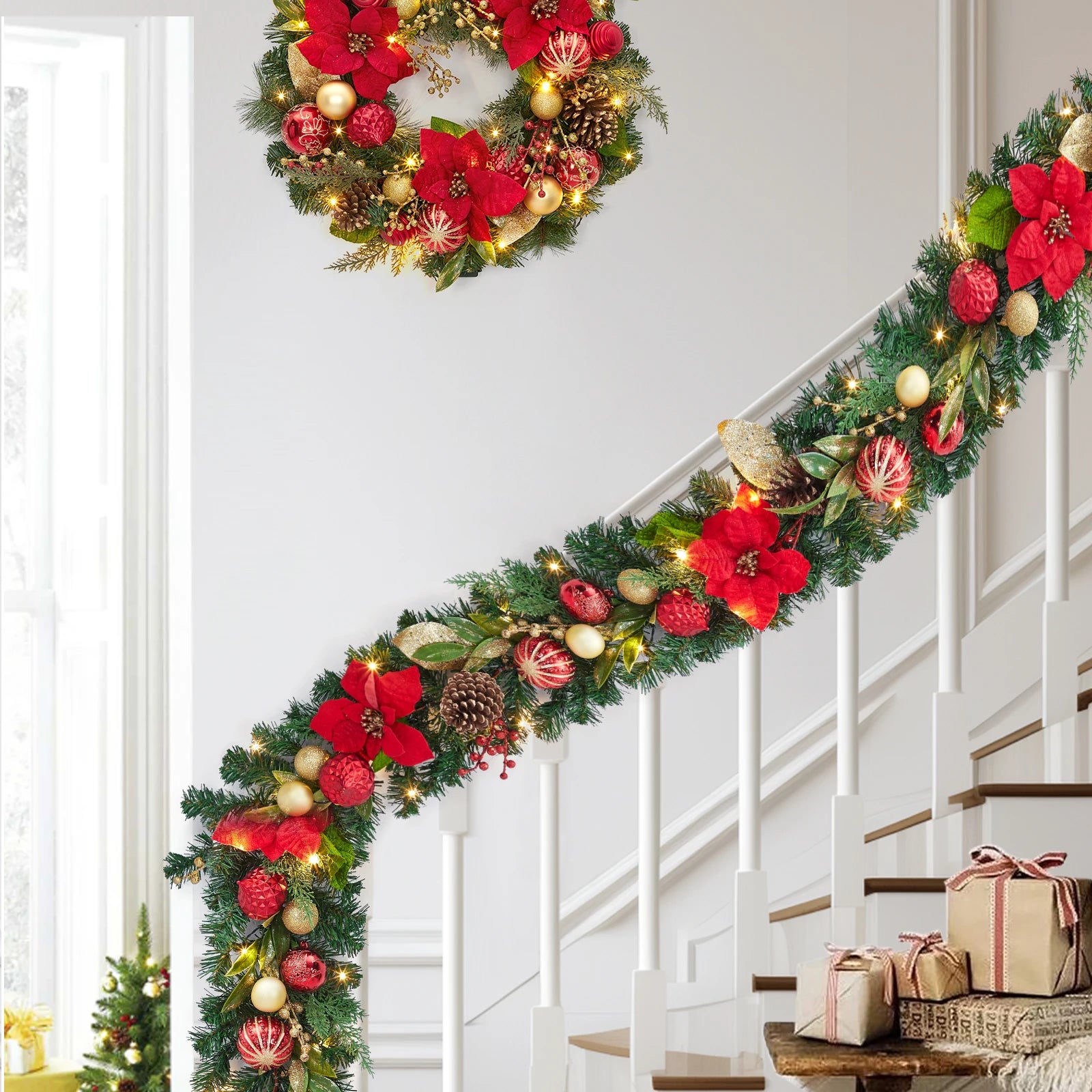 Pre-Lit Christmas Garland — 6ft Festive Decor with LED Lights & Gold Ornaments
