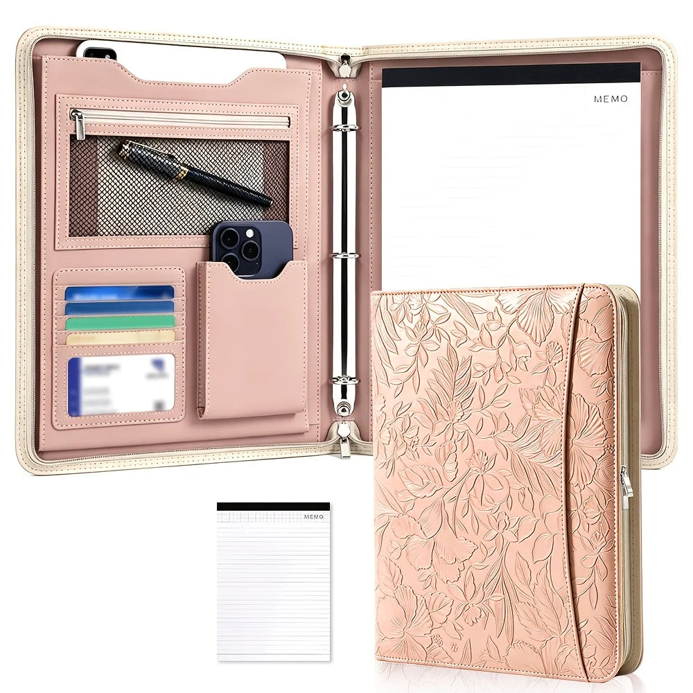 Embossed Faux Leather Padfolio — A4 Zipper Binder with Multi-Pocket Organization