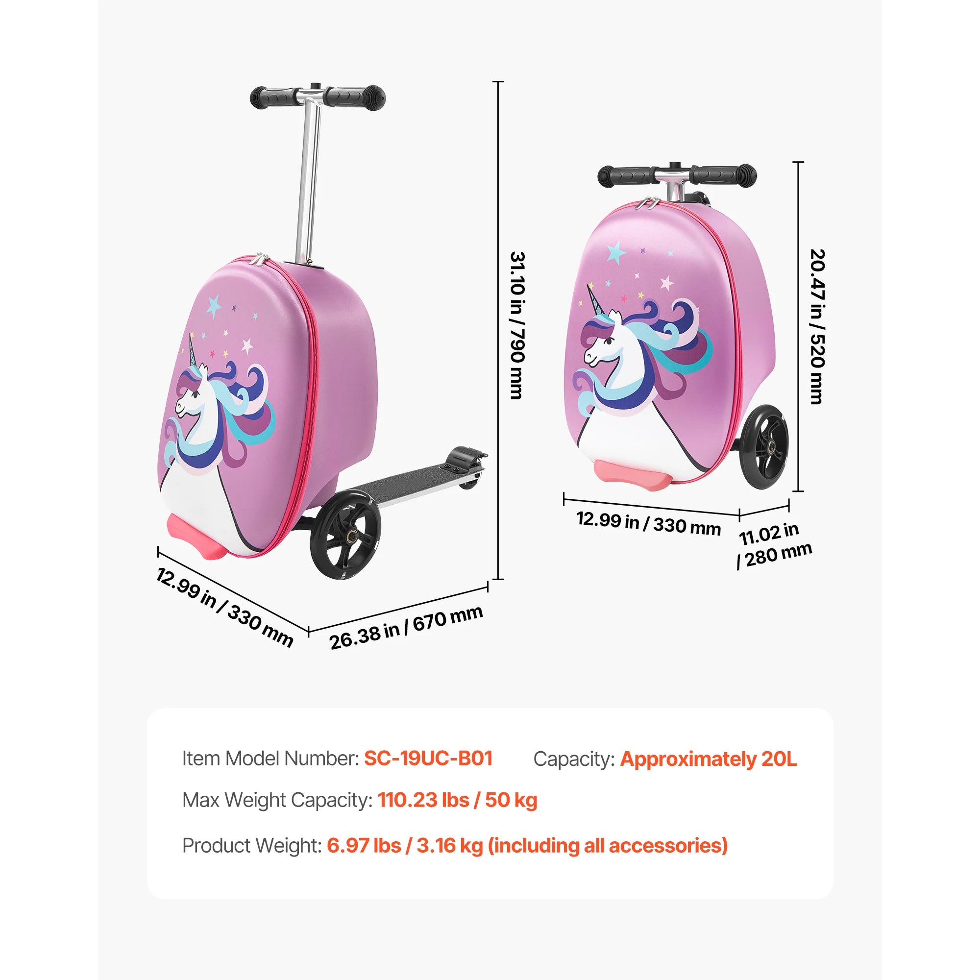 SucceBuy Kids Ride-On Luggage — 20L Scooter Suitcase with Flash Wheels